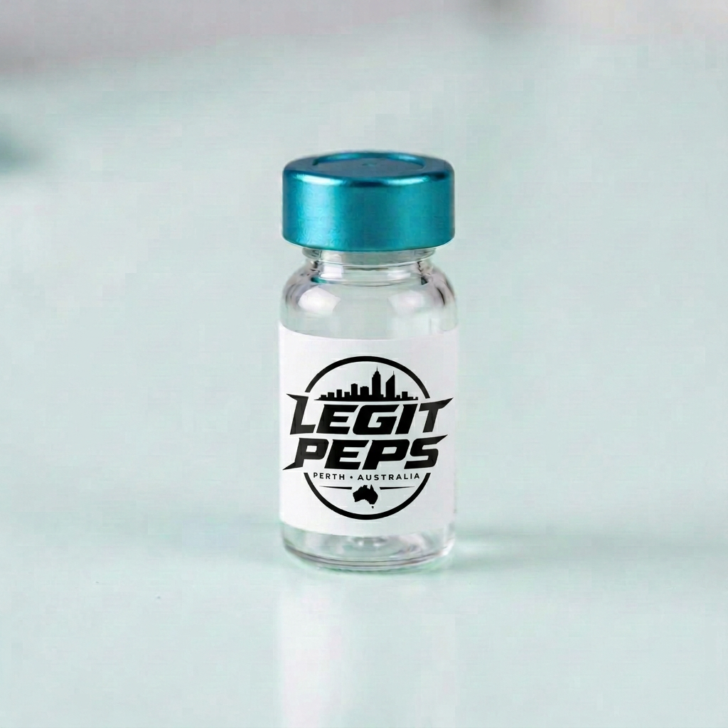 Legit Peps research peptide vial with teal cap and lot label